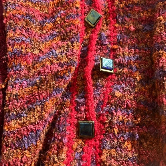VINTAGE BOHO MOHAIR BLEND CHUNKY CARDIGAN BURGUNDY MULTI COLORED - Picture 4 of 8